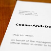 A letter on a wooden desk - cease and desist