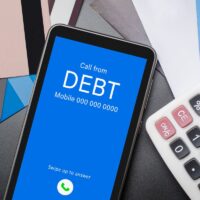 Top view of incoming call on smart phone screen from Creditor. Concept of business financial and debt. Top view of incoming call on smart phone screen from Creditor. Concept of business financial and debt.