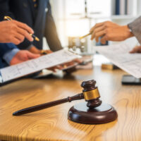 A team meeting of business people and a lawyer in formal suits is taking place at a desk, discussing a contract and various aspects of the law and litigation. A team meeting of business people and a lawyer in formal suits is taking place at a desk, discussing a contract and various aspects of the law and litigation.