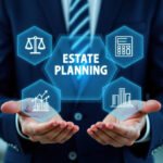 Businessperson is showcasing a digital interface displaying the concept of estate planning with various financial symbols and indicators, emphasizing growth, success, and future strategies.