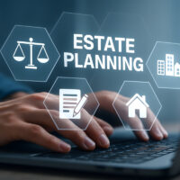 Hands typing on a laptop keyboard with transparent hexagons displaying icons for balance, document, house, and buildings labeled "Estate Planning."