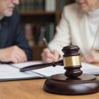 Elderly couple consults with lawyer about estate planning in office meeting. Focus on legal advice for retirement, wealth protection, future financial arrangements. Includes gavel, scales of justice.
