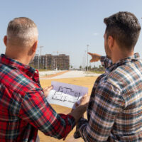 Gay couple hold the floor blueprint of their future home while looking the construction progress