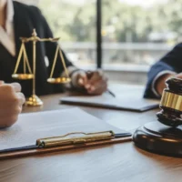 A lawyer advising a couple during a legal consultation, discussing matters like contracts or estate planning