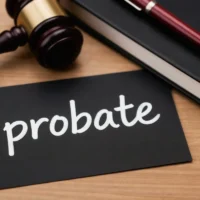 Gavel sits by black card with word probate handwritten. Notebook and pen nearby suggest legal estate matters. Court decision planning for inheritance.