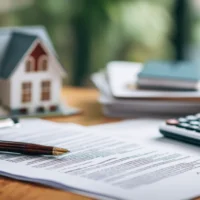 A Homeowner's Desk with a Miniature House Model, Mortgage Documents, and a Calculator for Financial Planning and Real Estate Investment Decisions in a Bright Setting