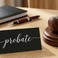 Professional legal stationery featuring a gavel, pen, notebook, and probate text.